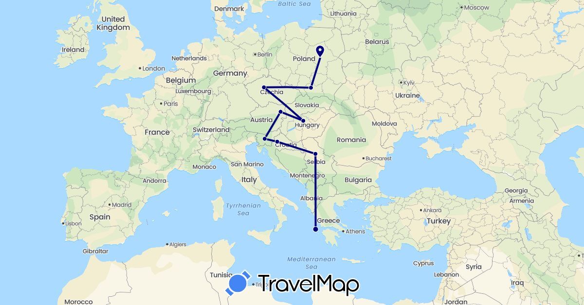 TravelMap itinerary: driving in Austria, Czech Republic, Greece, Croatia, Hungary, Poland, Serbia, Slovenia (Europe)